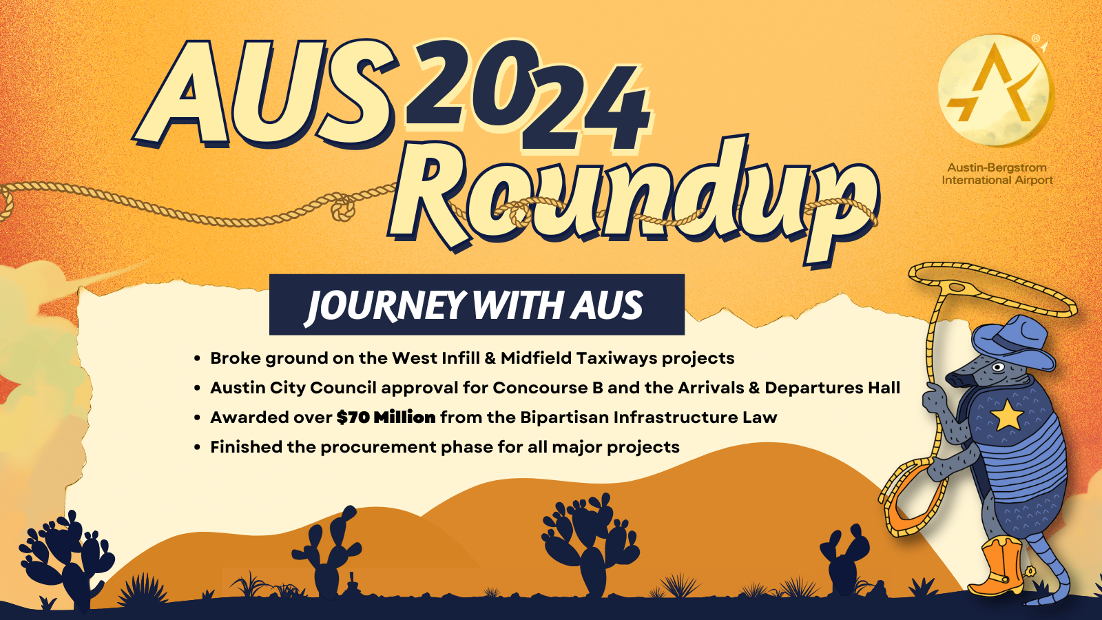 AUS 2024 Round Up graphic card features a cartoon armadillo and hill country hills and cacti