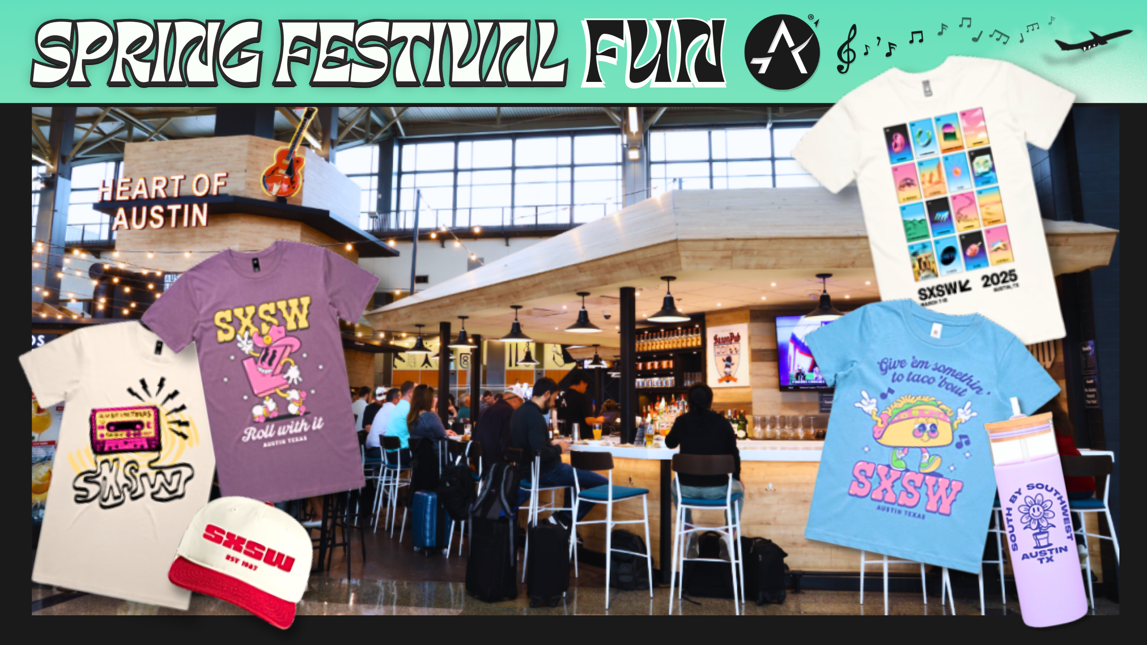 From right to left: A white t-shirt, a blue t-shirt, a purple water bottle. A purple t-shirt, a white t-shirt. A white red hat. Text at top reads: Spring Festival Fun, black AUS logo.