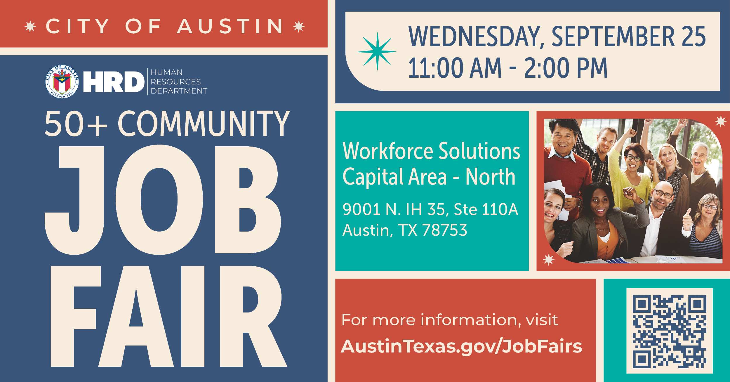 50+ Community Job Fair Flyer. 11am -2 pm at Texas Workforce Solutions Capital Area North.