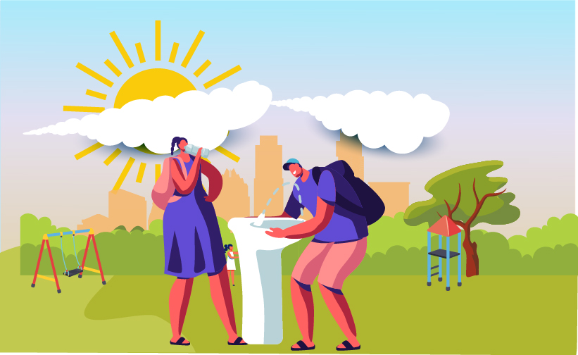 Comic strip style illustration of two individuals drinking from a public water fountain in a park on a hot, sunny day.