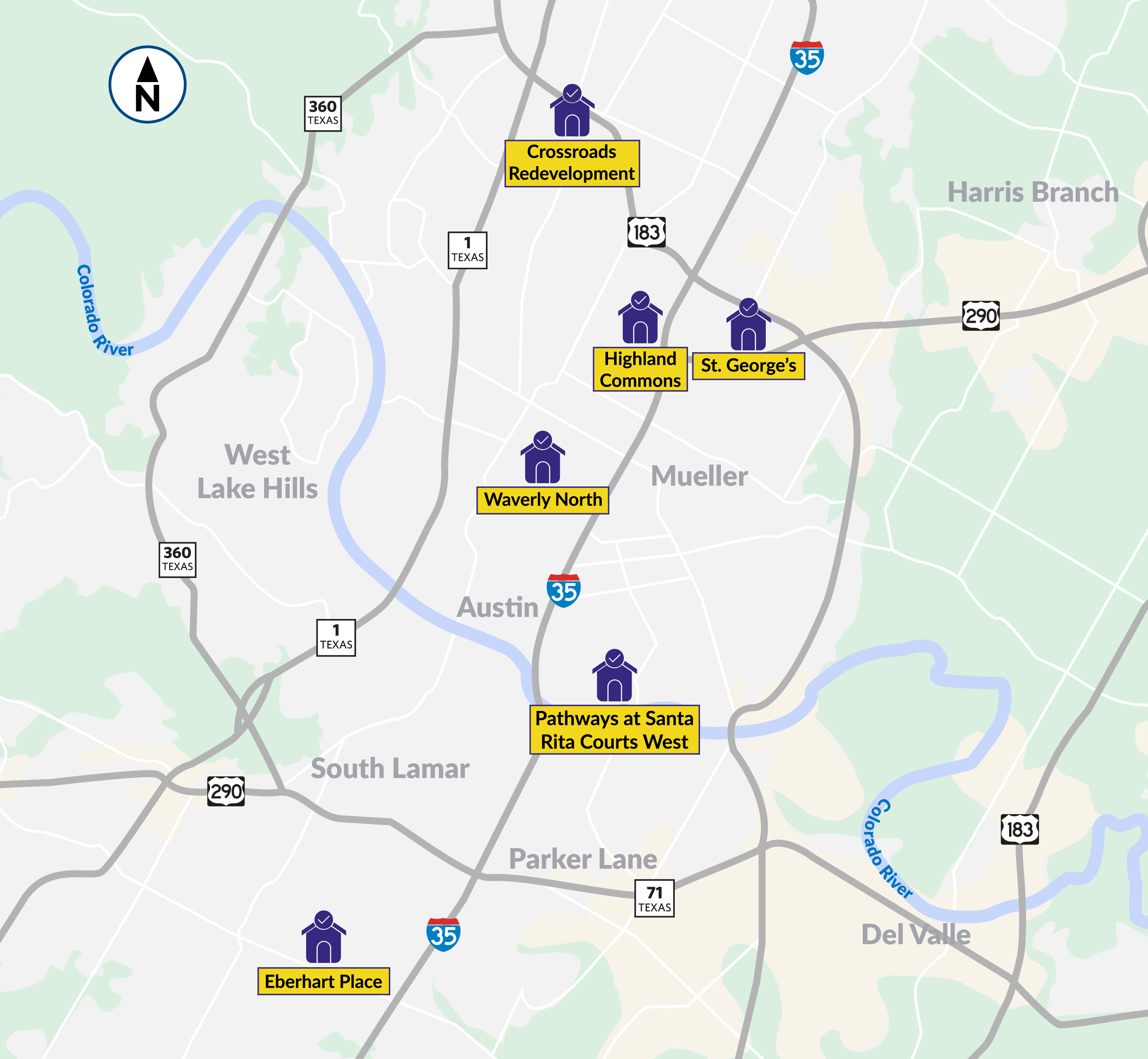 Graphic showing map of the City of Austin where each of the six projects will be located. Each project is marked with a blue house icon, with a label below showing the names of each project.