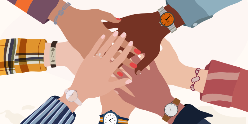 A graphic showing a drawing of hands with different skin tones and clothing coming together.