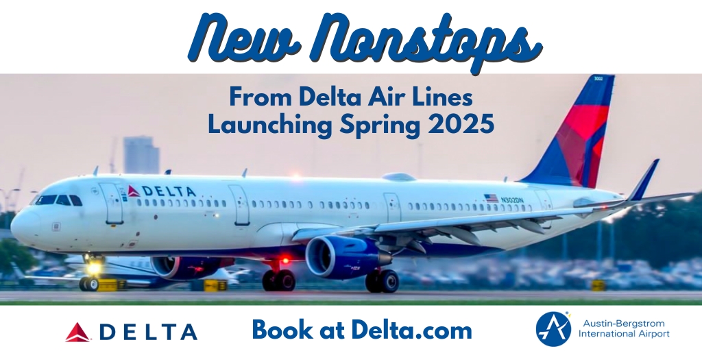 A picture of a delta plane with text that reads, "New Nonstops From Delta Air Lines Launching Spring 2025. Book at Delta.com"