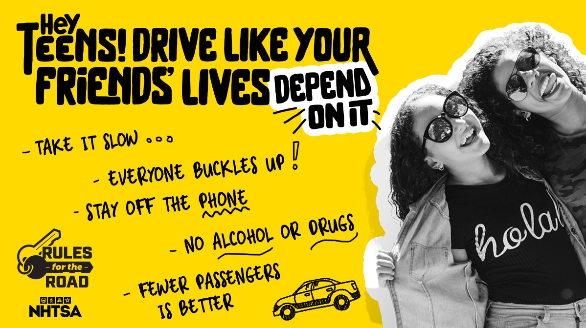 Bright yellow image with slogans on how to drive safely.