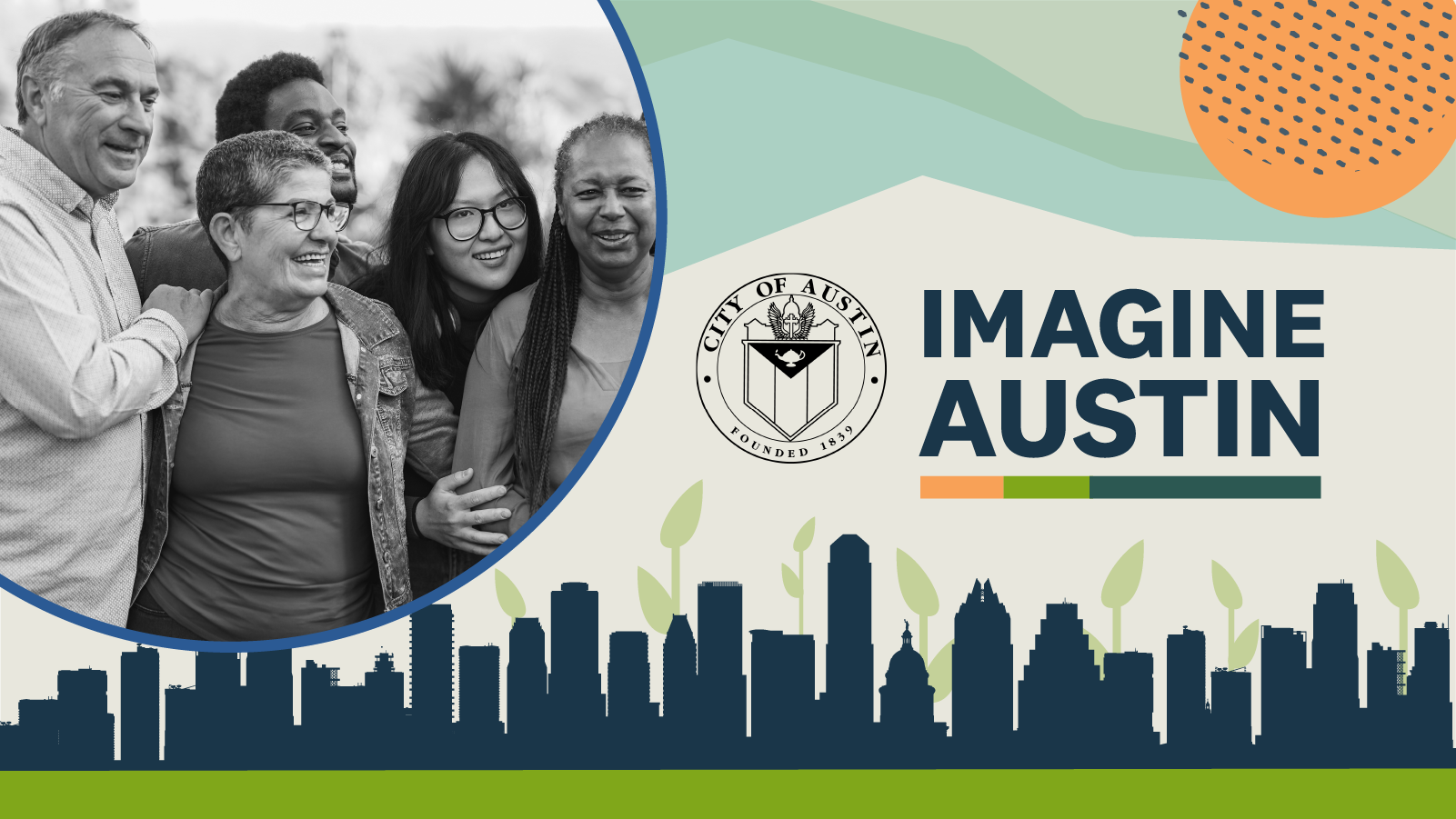 A graphic medley consisting of a photograph of standing people, an illustration of the Downtown Austin skyline, the City seal, and the words "Imagine Austin"