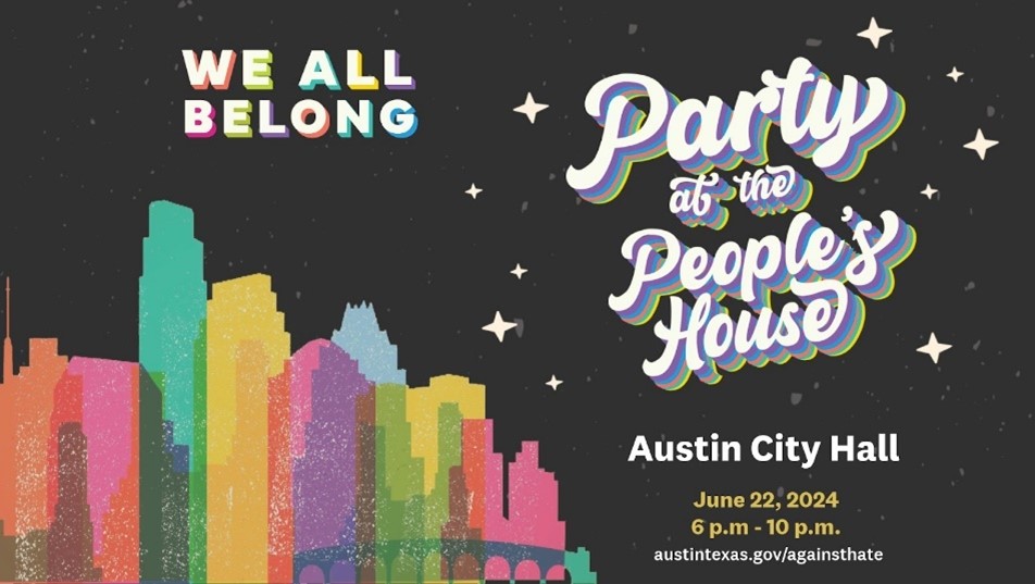 Image of colorful Austin skyline with information on the Party at the People's House/City Hall.
