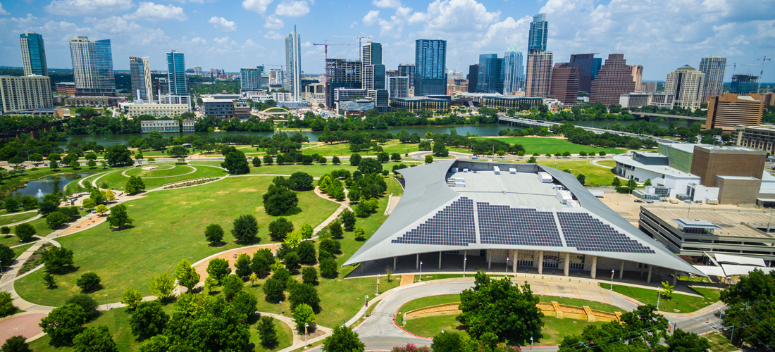 Aerial view of the Palmer Solar Skyline looking toward downtown Austin