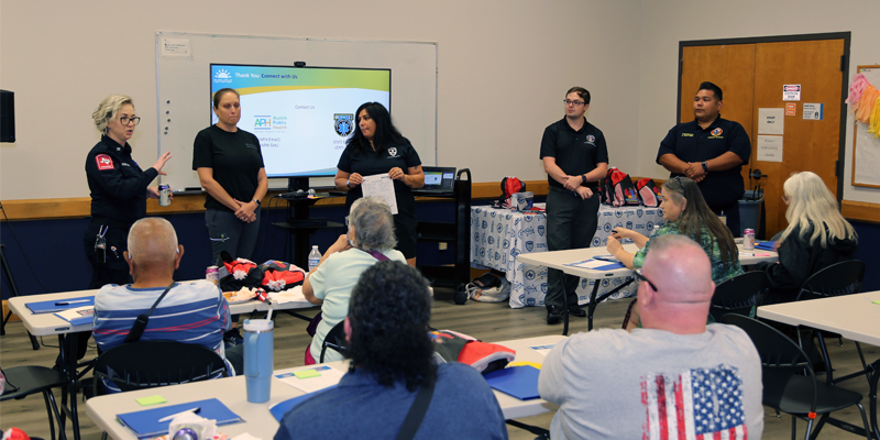 A photo showing public safety presenters at Austin HSEM's Ready Together class.