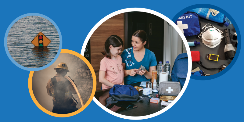 An image showing flood waters, a firefighter, a mother and daughter building an emergency kit, and some emergency supplies.