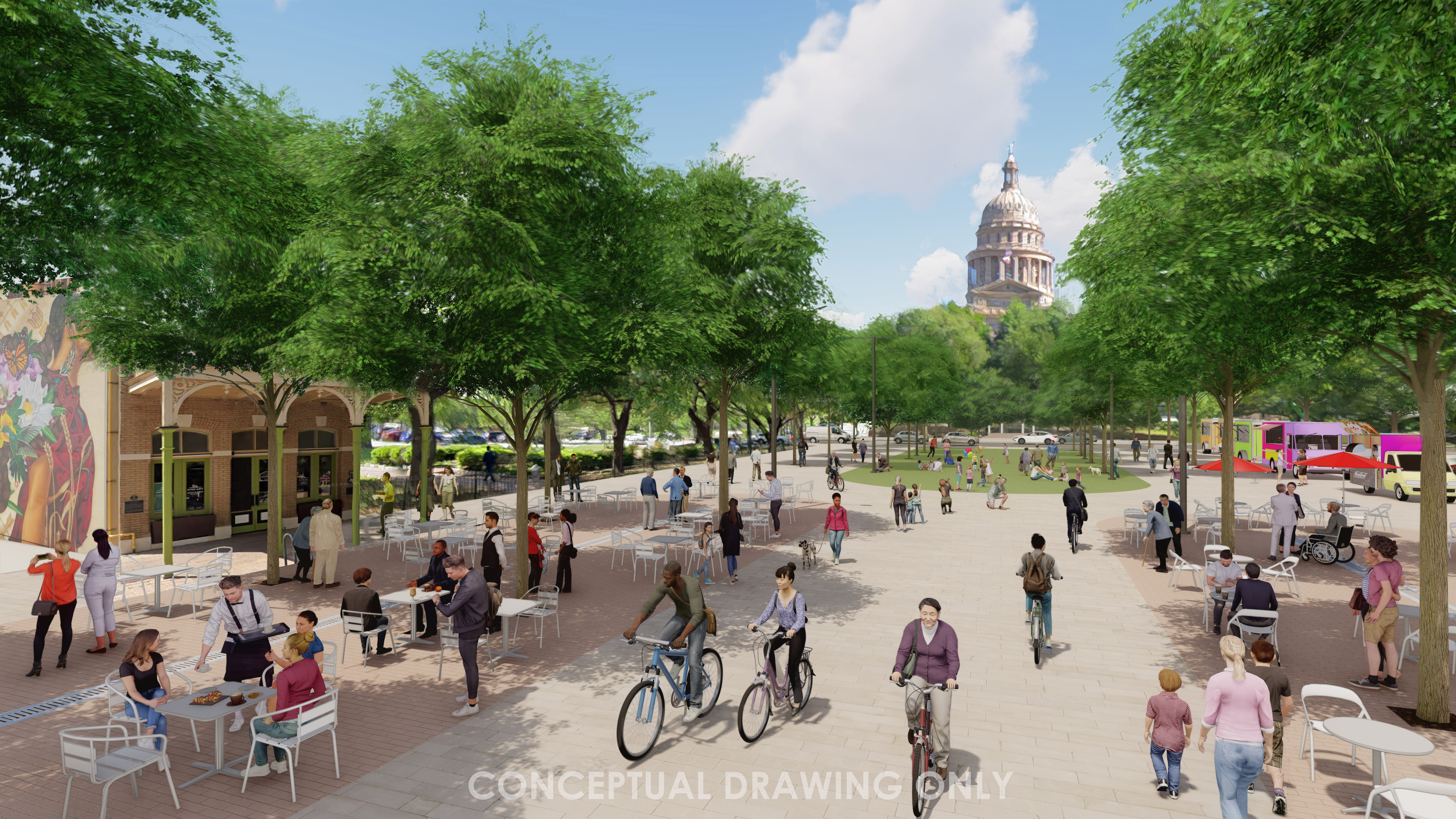 Artistic rendering of potential design of public plaza on Congress Avenue at 10th Street looking north.