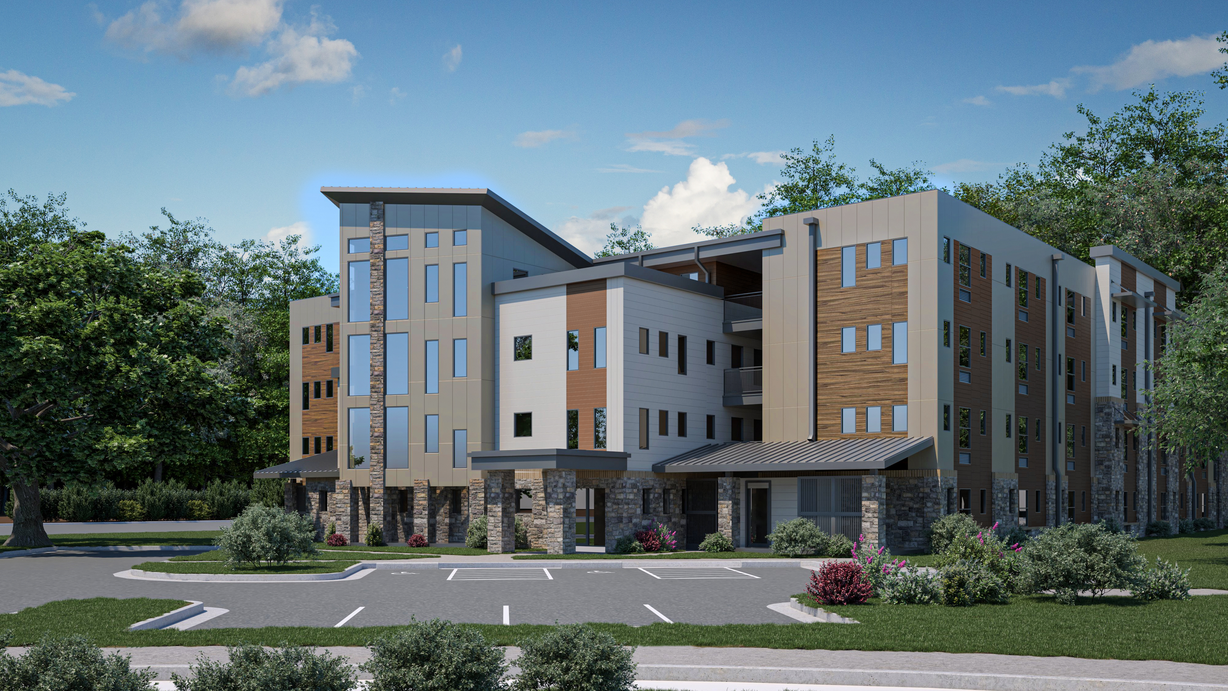 Rendering showing the front of the multi-story residence, called The Roz and the parking lot out front. The building exterior is made up of stone, wood, concrete and cement fiber board. 