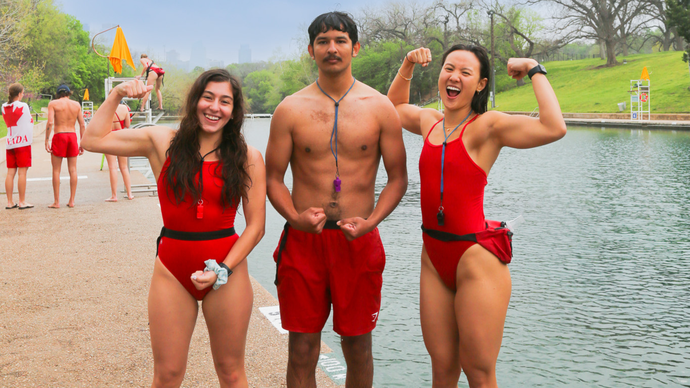 Press release header of three lifeguards