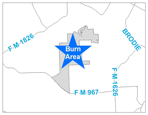 Map: Smoke may be visible on August 15 near south State Highway 45/MoPac, east of FM1826, west of Brodie Lane, and northwest of FM 1626