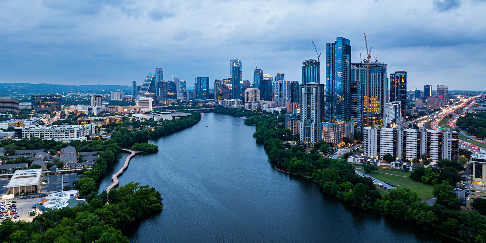 View of downtown Austin from the east side of the river. 