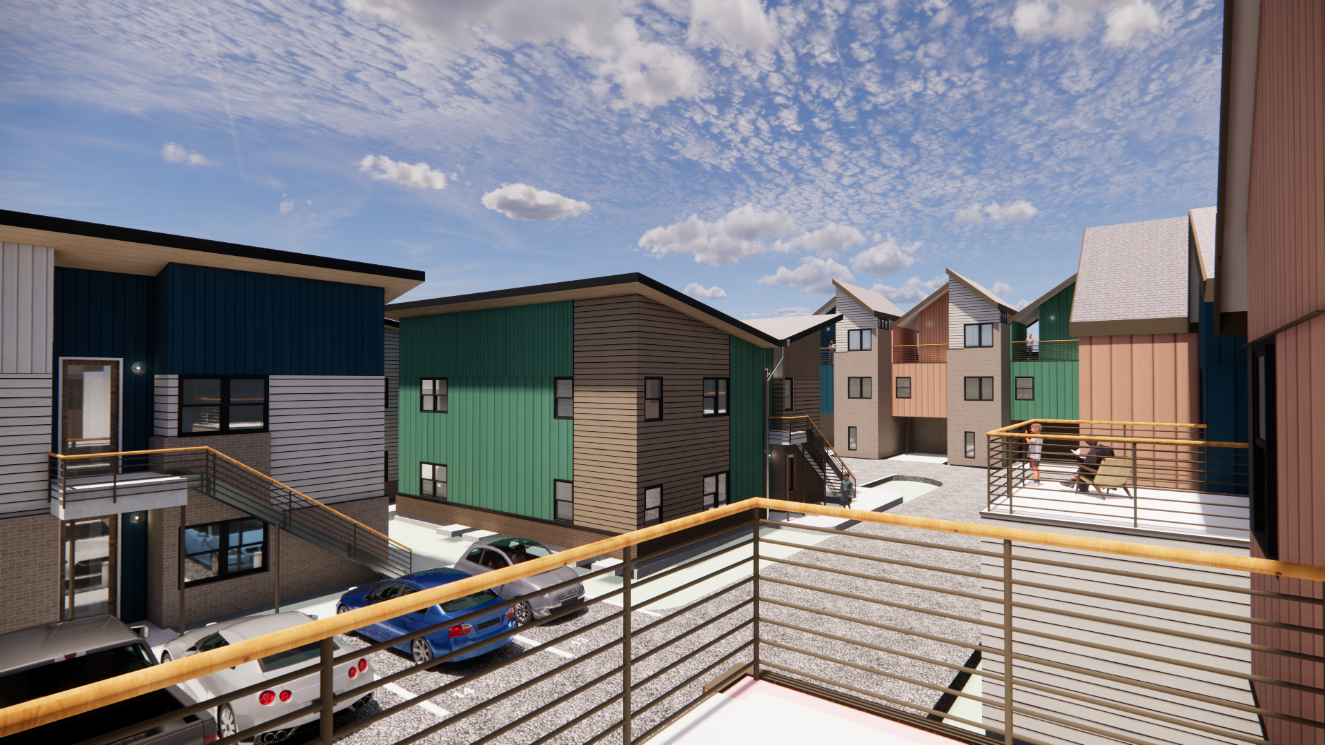 Rendering shows multi-family apartment complex to be developed by Industry ATX. The buildings have wood or fiber cement siding in either a vertical or horizontal pattern and come in a range of colors, including dark blue, tan, white and green. Also shown are balconies with horizontal railing and parking spaces in front of the buildings.