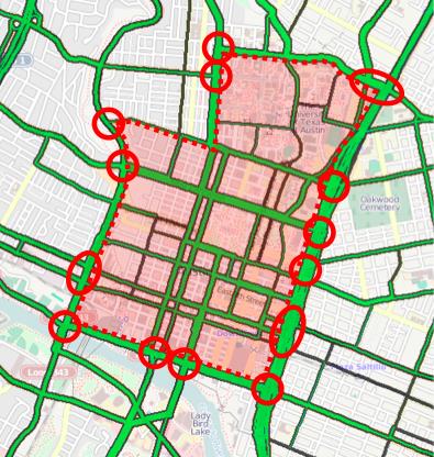 AUSTIN’S “RING OF CONGESTION” - THE CENTRAL BUSINESS DISTRICT, CAPITAL COMPLEX, AND UNIVERSITY AREA.