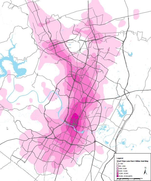 CONCENTRATION OF SHORT TRIPS IN AUSTIN SOURCE: CAPITAL AREA METROPOLITAN PLANNING ORGANIZATION ORIGIN AND DESTINATION DATA, 2010