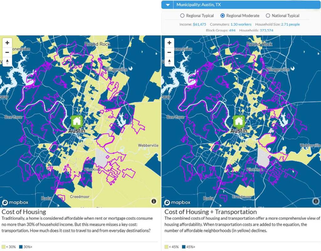 THE HOUSING + TRANSPORTATION AFFORDABILITY INDEX BY THE CENTER FOR NEIGHBORHOOD TECHNOLOGY SHOWS THAT WHEN TRANSPORTATION COSTS ARE FACTORED IN EVEN LESS OF AUSTIN IS AFFORDABLE (YELLOW AREAS) DEMONSTRATING THE NEED FOR BETTER INTEGRATED MOBILITY AND AFFORDABILITY PLANNING AND STRONGER AFFORDABILITY PROGRAMS AND POLICIES