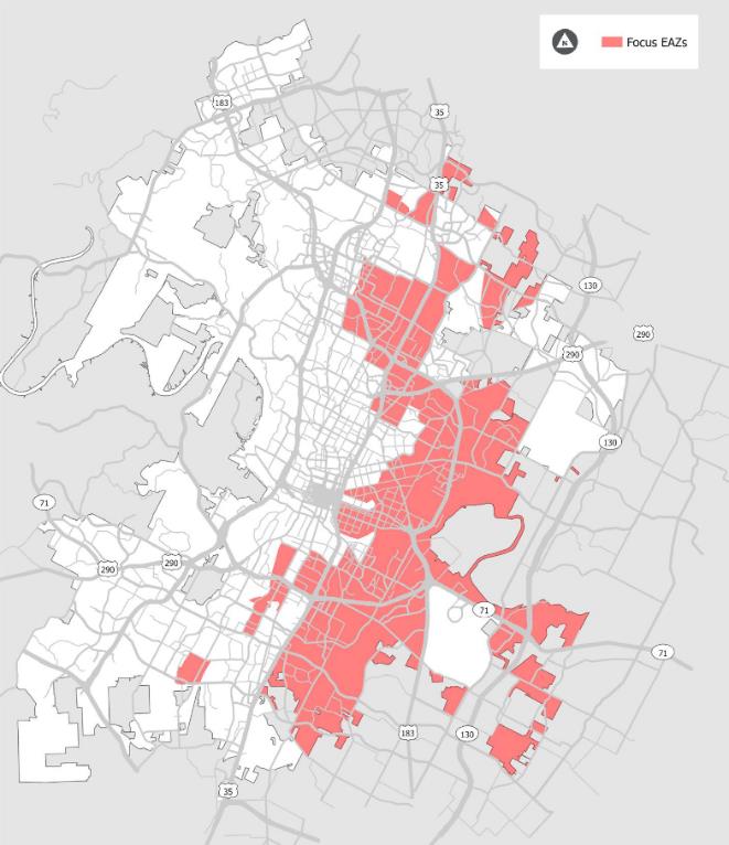 MAP OF PRIORITY EQUITY ANALYSIS ZONES (MOST VULNERABLE AND MEDIUM-HIGH VULNERABLE EAZS).