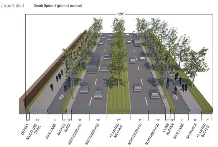 RECOMMENDED CROSS SECTION OF AIRPORT BOULEVARD THAT INCLUDES PROTECTED BICYCLE LANES FROM THE AIRPORT BOULEVARD CORRIDOR PLAN.