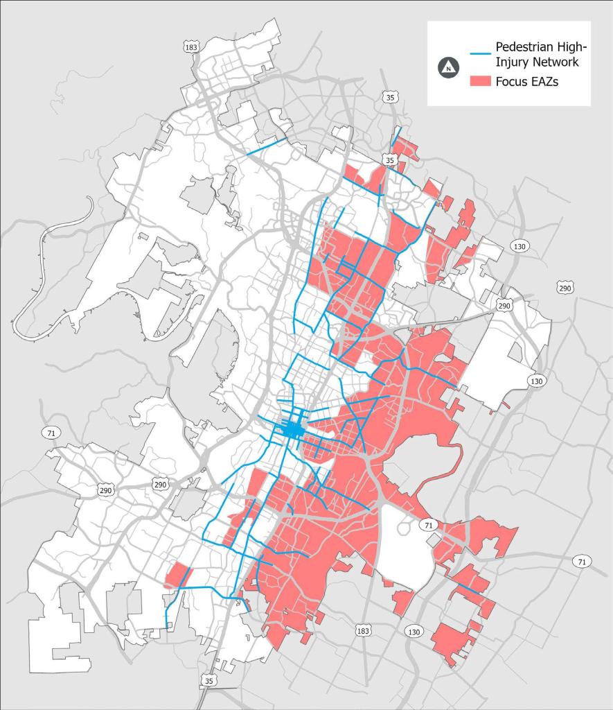 Figure 3-3 Pedestrian High Injury Network and Equity Analysis Zones