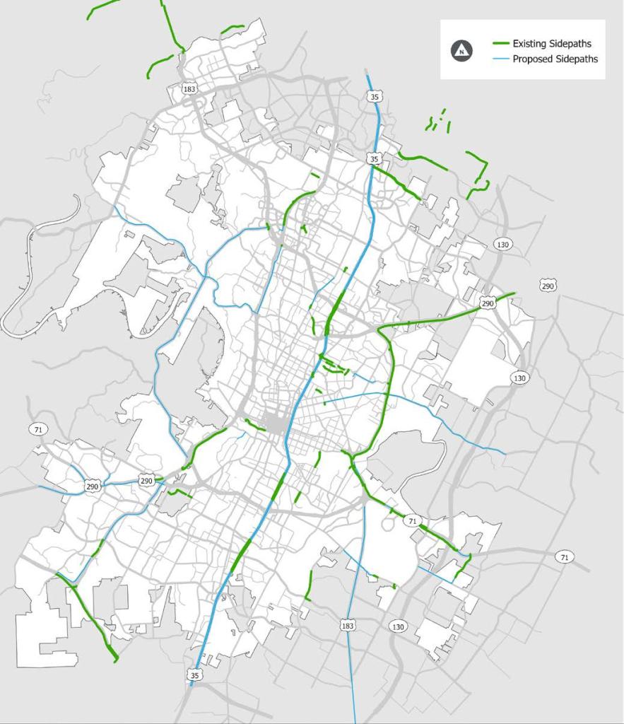 Map showing existing and proposed sidepaths for Austin.