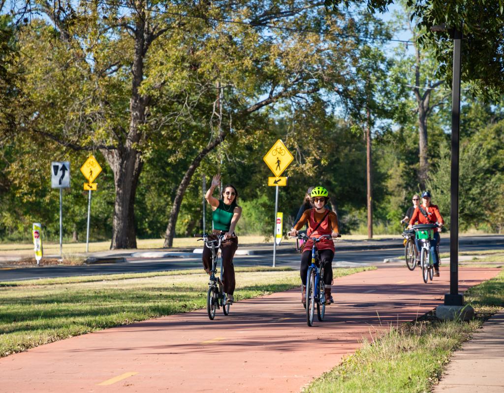 People riding bicycles.