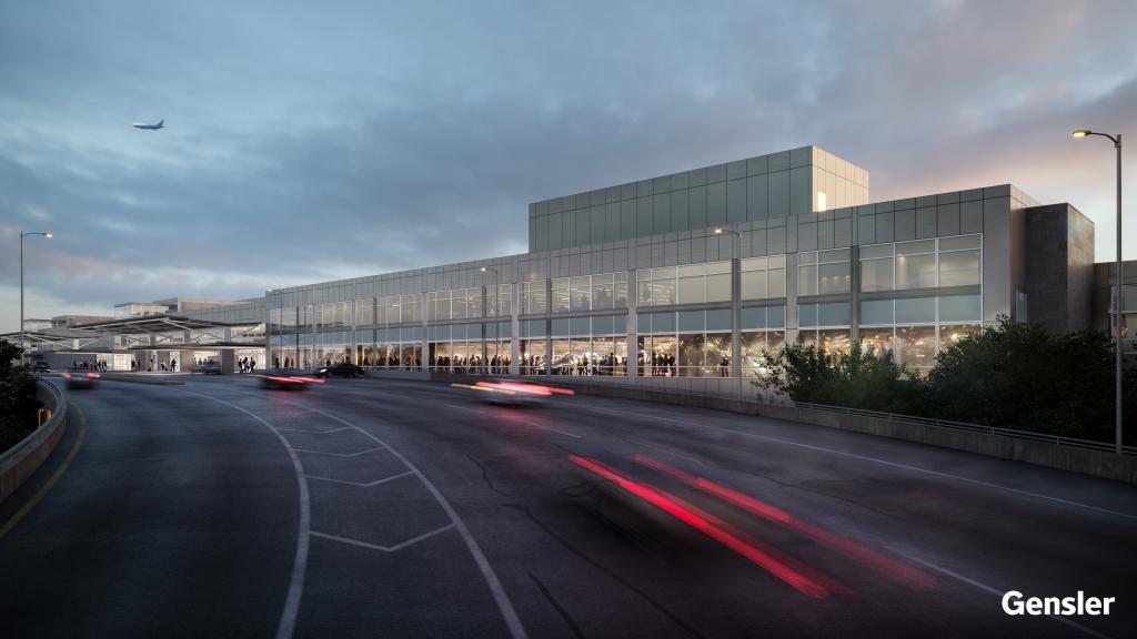 Architectural rendering of the outside of the completed project which is expanding TSA Checkpoint 3