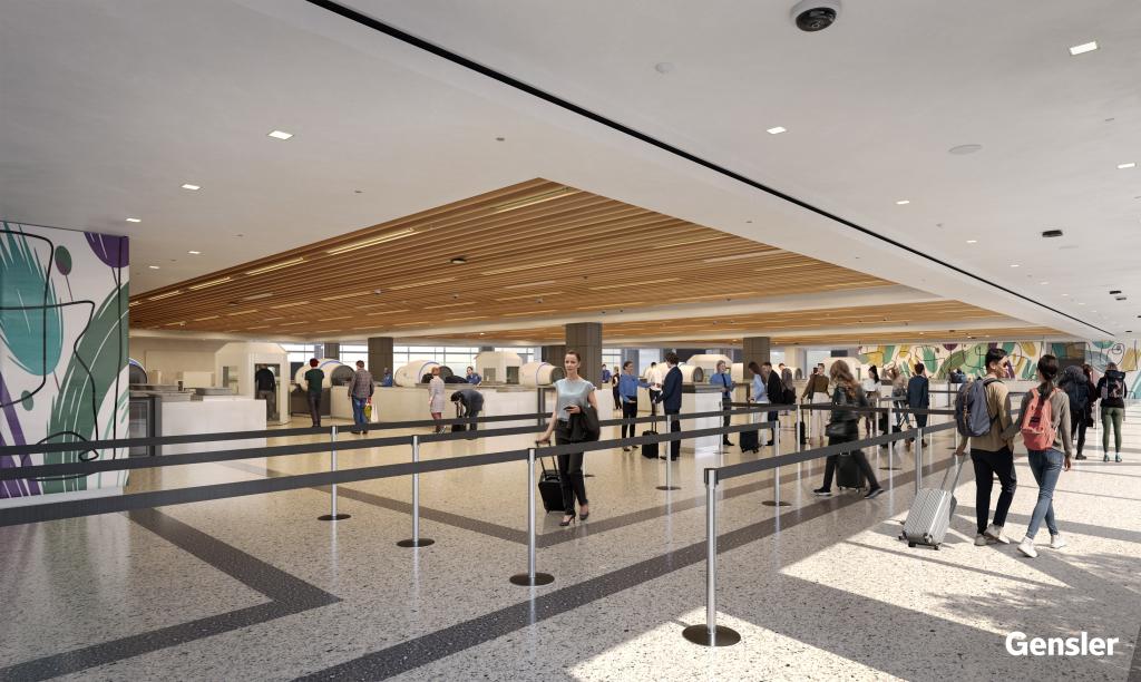 Architectural rendering of West Infill expanded interior queueing space near TSA Checkpoint 3.