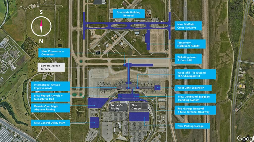Map that outlines Journey with AUS project, which includes the new parking garage, new central utility plant, Red Garage Removal and new terminal roadway, Remain Over Night airplane parking, new outbound baggage handling system, new phased arrivals + departures hall, west gate expansion, International Arrivals improvements, West Infill - to expand TSA Checkpoint 3, Ticketing-Level Atrium Infill, New Concourse + Connector, Temporary Holdroom Facility, new midfield cross taxiway, and southside building removal