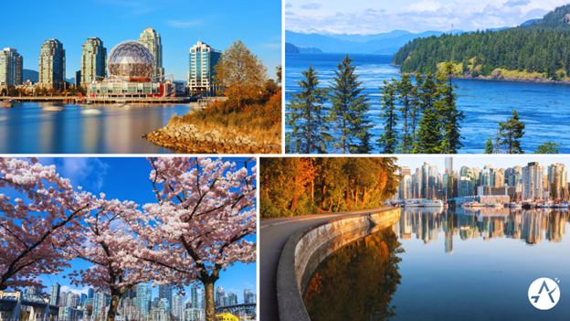 Collage of 4 photos of Vancouver, featuring a city skyline, cherry blossom trees, and natural water features.