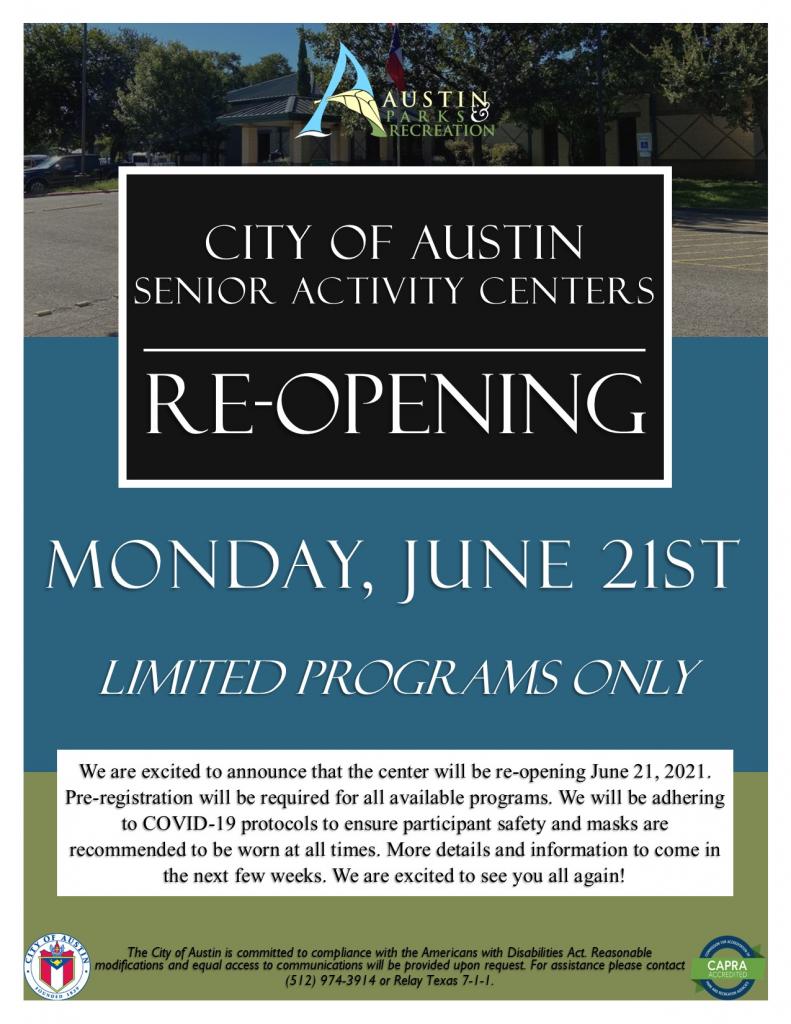 City of Austin Senior Activity Centers re-opening flyer