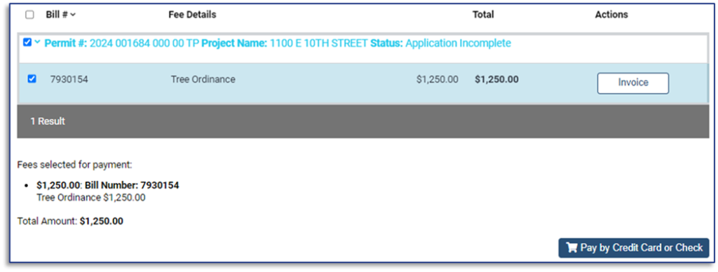 Example of the payment screen with the bill's checkbox marked.