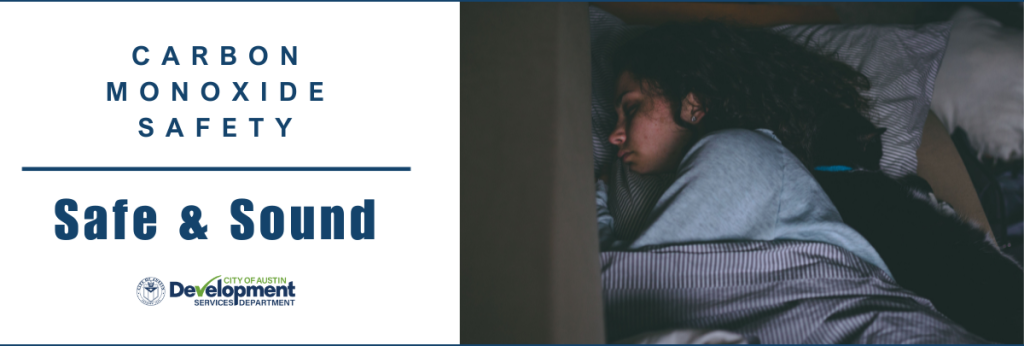 Adult woman sleeping with a caption in blue reading Carbon Monoxide Safety in blue with the Safe & Sound logo underneath, also in blue.