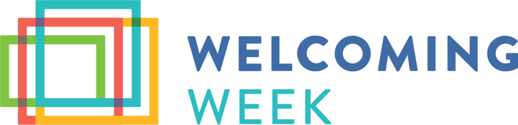 Welcoming Week logo with multicolored boxes in teal, red, yellow, and green