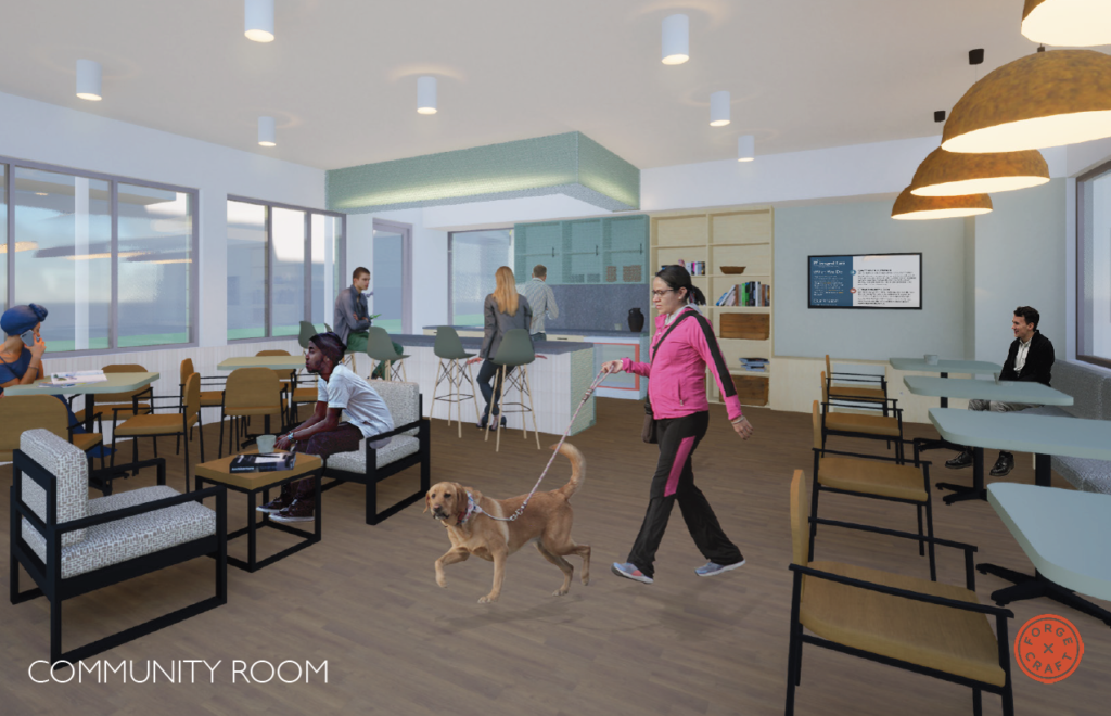 Future rendering people gathered in a Community Room at Seabrook Square development.