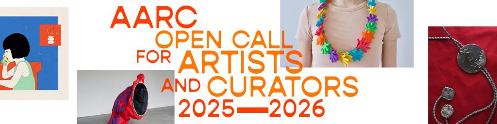 four examples o fexhibit artwork with text that says Open Call for Artists and Curators 2025-2026