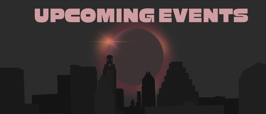 Upcoming Events with eclipse image over buildings.