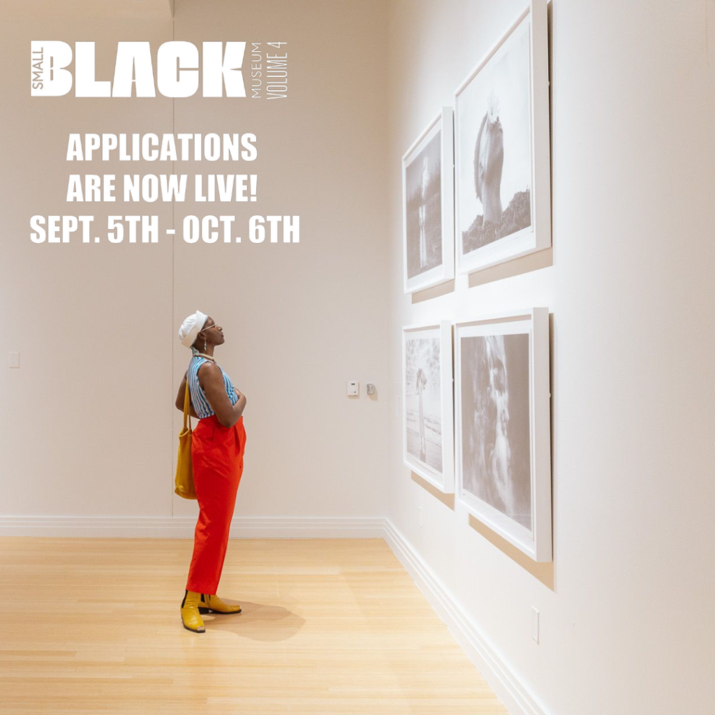 visitor in the george washington carver art gallery with text stating "Small Black Museum Residency Project Volume 4, Applications now live Sept. 6 - Oct. 5, 2024 