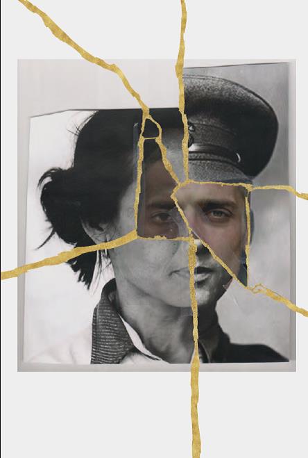 A collage of several different images of men and women who have suffered PTSD; the edges where the pieces come together are lined in gold