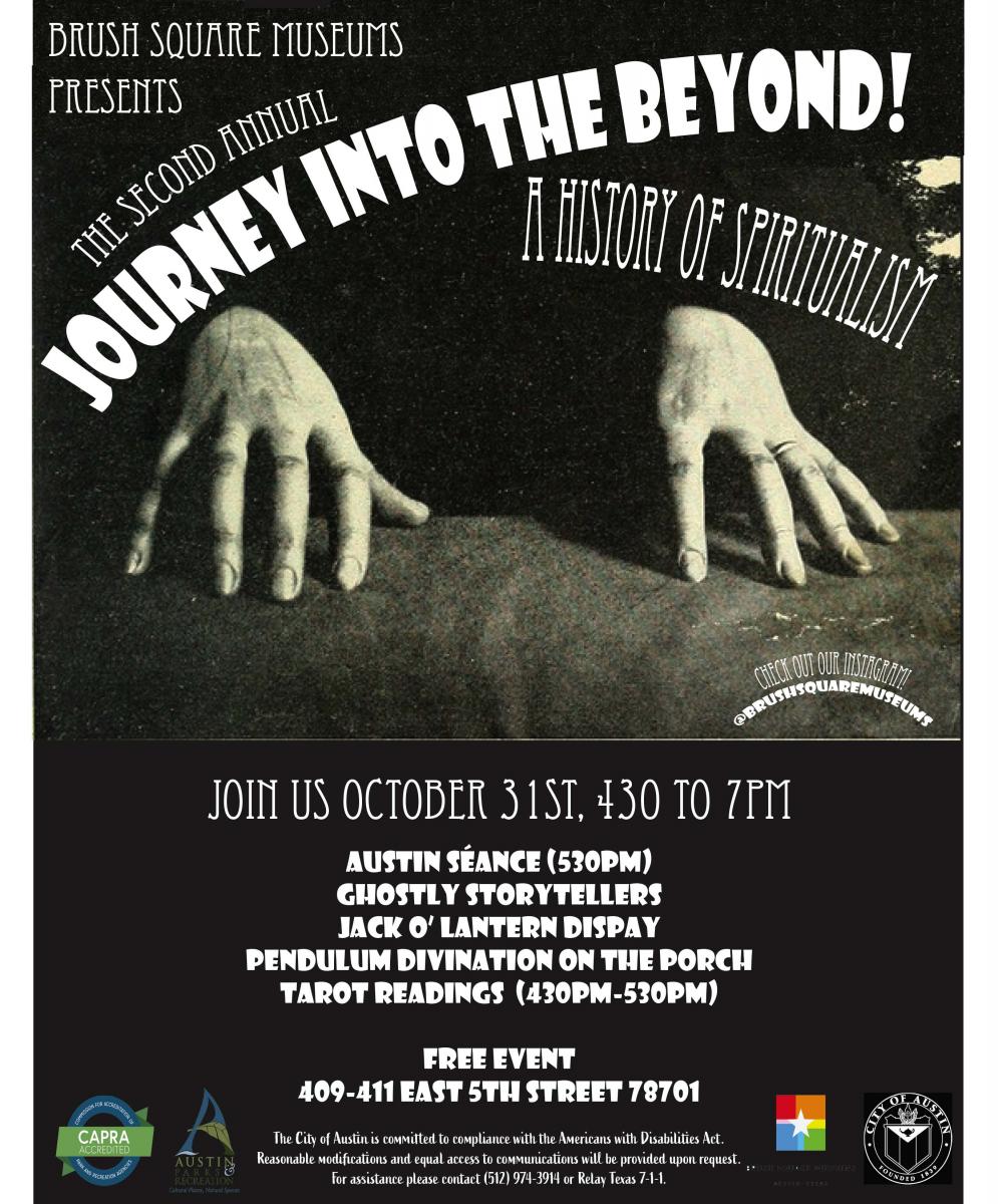 A black-and-white poster for the Brush Square Museums' Halloween even which shows two disembodied hands on a Ouija board