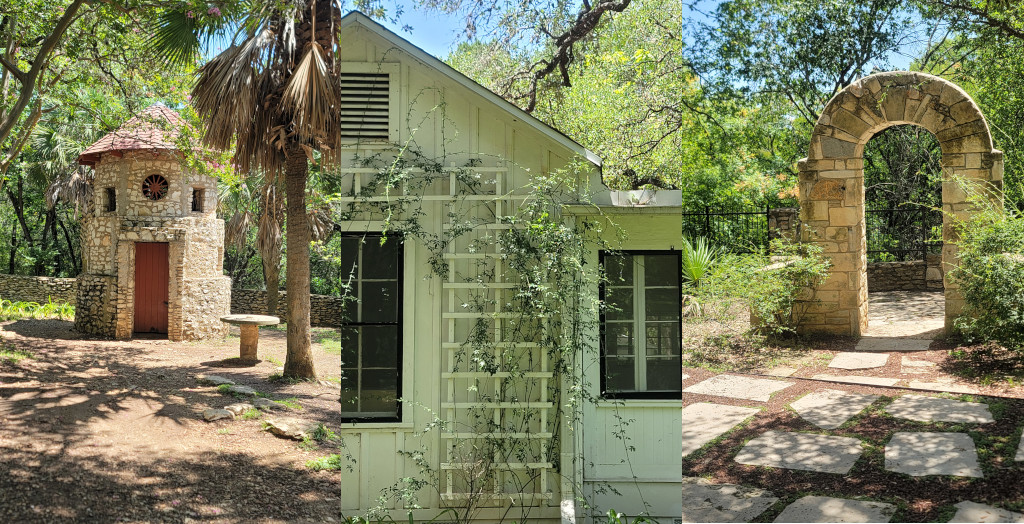 Mayfield Aviary, Front Trellis with Wisteria, and Arch and Bluff