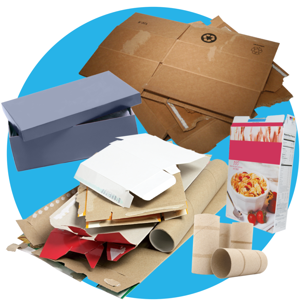 An assortment of flattened cardboard like cereal, pizza and shoe boxes.