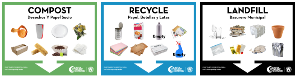 Image of composting, recycling and trash signs. Click to make your own.