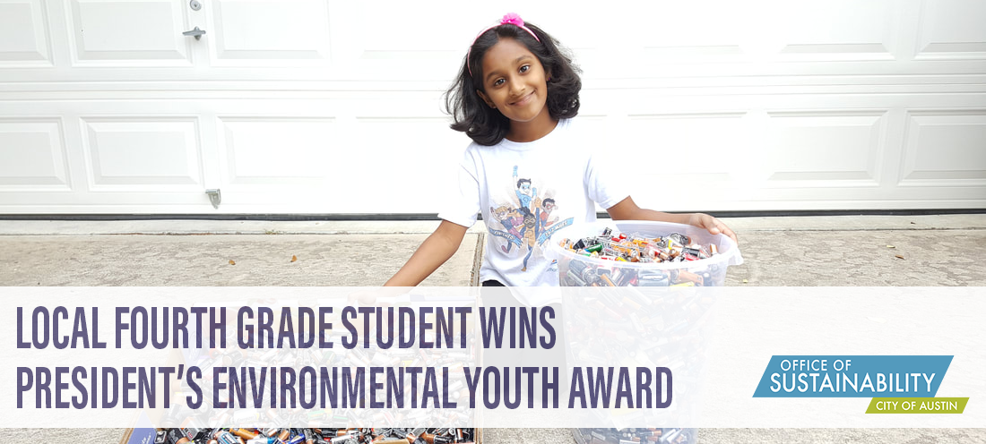 Text: Local Fourth Grade Student wins Presiden'ts Environmental Youth Award, photo is of child with buckets of batteries.