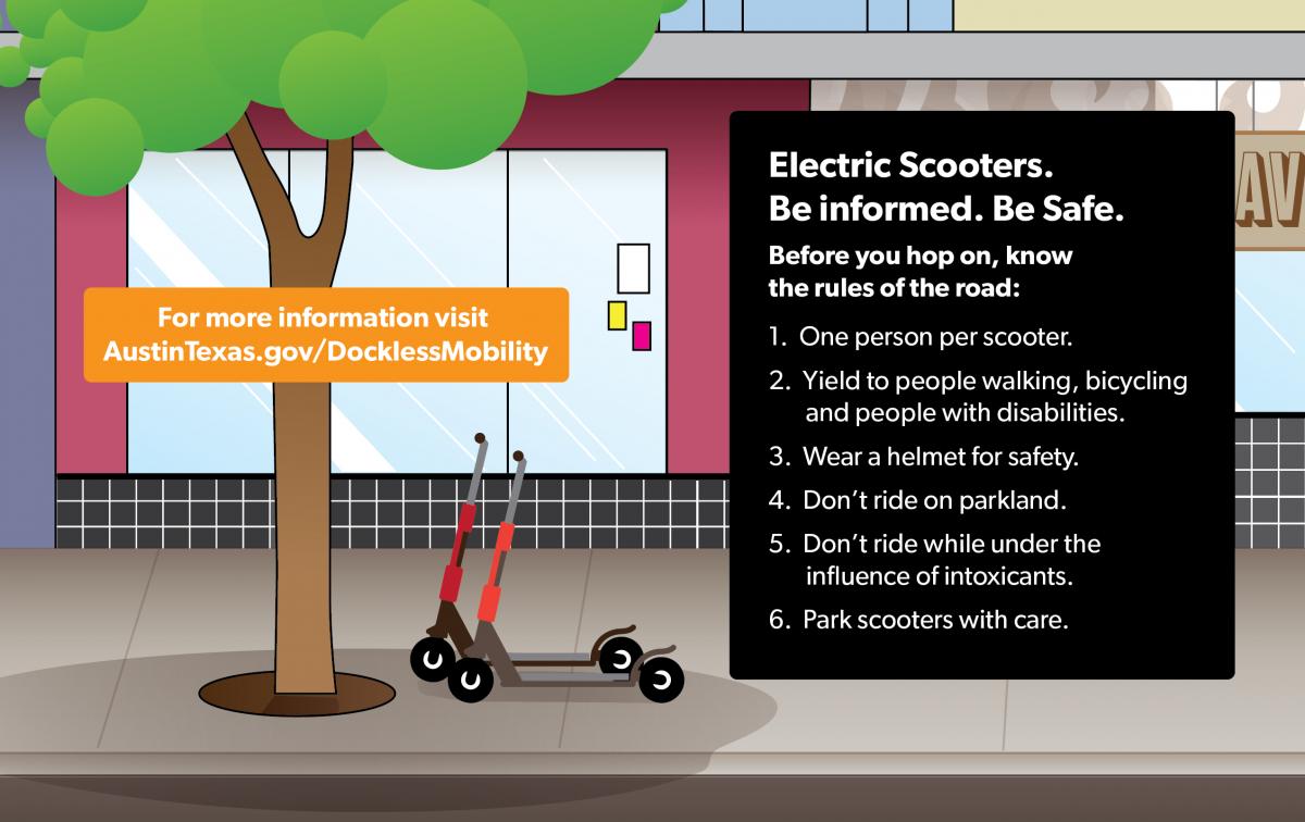 A colorful graphic that outlines the "rules of the road" for electric scooter users: one person per scooter, yield to people walking, bicycling and people with disabilities, wear a helmet for safety, don't ride on parkland, don't ride while under the influence of intoxicants, and park scooters with care.