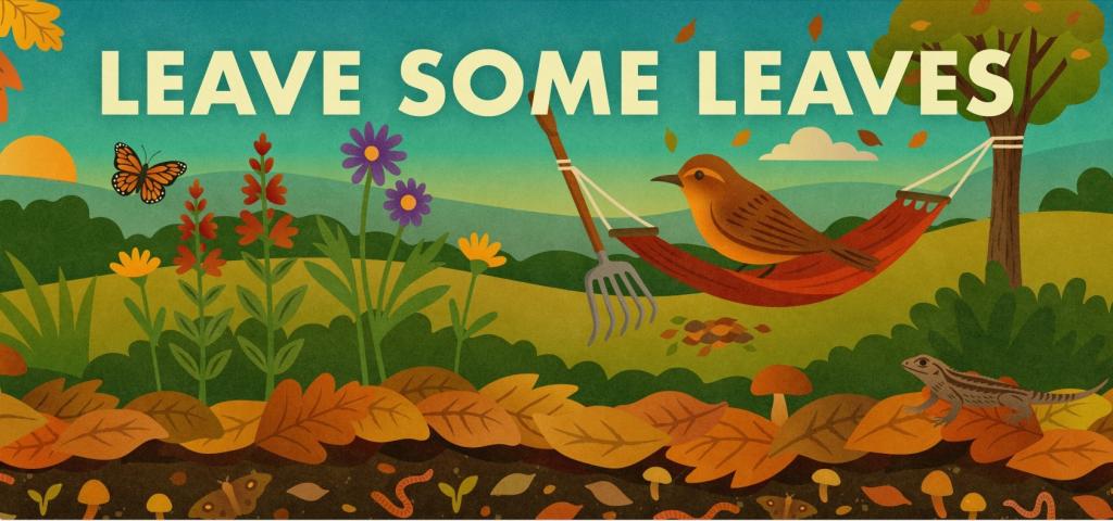 Image of fallen leaf layer, plus plants and wildlife, from Lady Bird Johnson Wildflower Center; 🎨Created by Natalie Luz Elorza-Welling