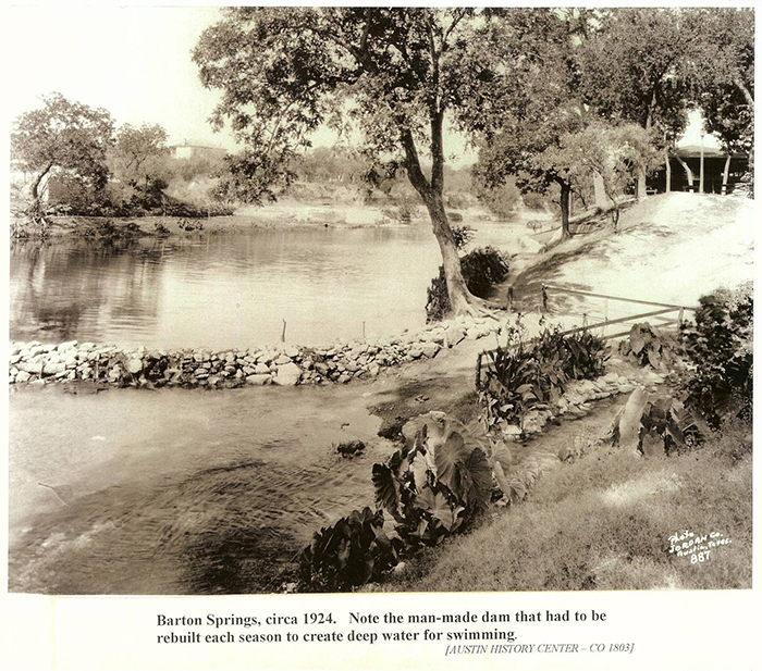 Barton Springs, circa 1924.  Note the man-made dam that had to be rebuilt eah season to create deep water for swimming.