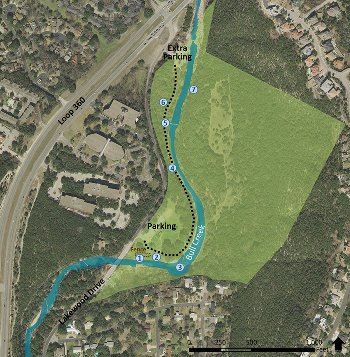 A map of Bull Creek District Park that shows seven locatinos that will be pictured below.  The seven locations are Scooby Doo Spring, a Grow Zone, a Cascade, Cliff Spring, Dam Spring, Wetland, and Canyon Rimrock