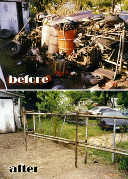 Photo of before and after clean-up of an area with old automobile parts, oil barrells and tires.